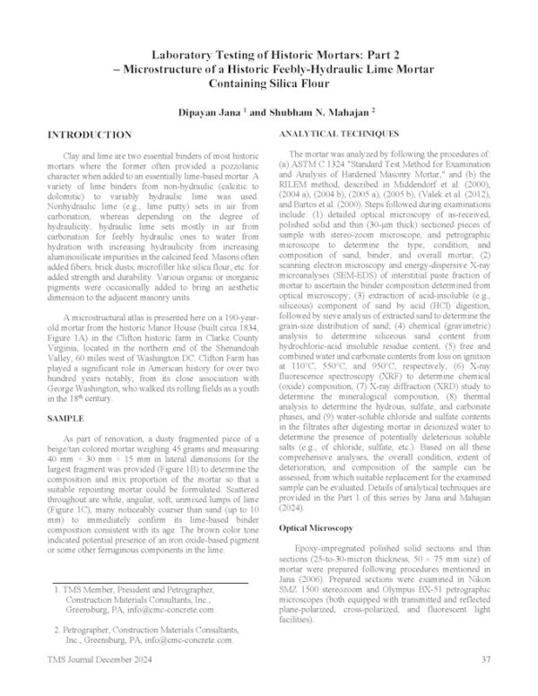 Laboratory Testing of Historic Mortars: Part 2 – Microstructure of a Historic Feebly-Hydraulic Lime Mortar Containing Silica Flour