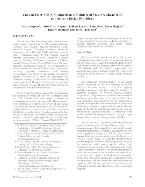 Comparison of Reinforced Masonry Shear Wall and Seismic Design Provisions